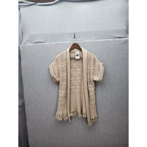 Red Paint Collection Beige Knit Cardigan With Fringe Hem Short Sleeve Womens L